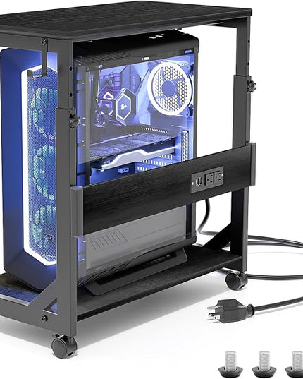 Height Adjustable Computer Tower Stand with Charge Station and USB Charging Port, 2-Tier ATX-Case Cart, Under Desk Mobile PC Stand, CPU Holder Cart with Locking Caster Wheels for Fits Most PC