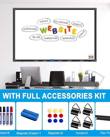 H-Qprobd 48"x24" Magnetic White Board Dry Erase Wall Mount Whiteboard - Office Home Classrooms White Board Hanging Writing Board with Black Aluminum Frame