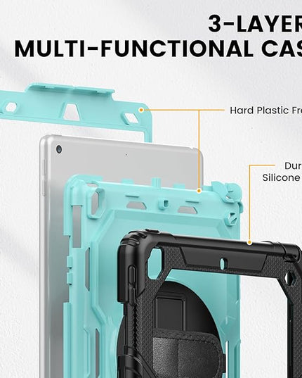 Timecity Case for iPad 9th/ 8th/ 7th Generation 10.2 inch - Heavy Duty Protective Cover with Screen Protector, Rotating Stand, Shoulder Strap & Pencil Holder | Kids-Friendly (Blue)
