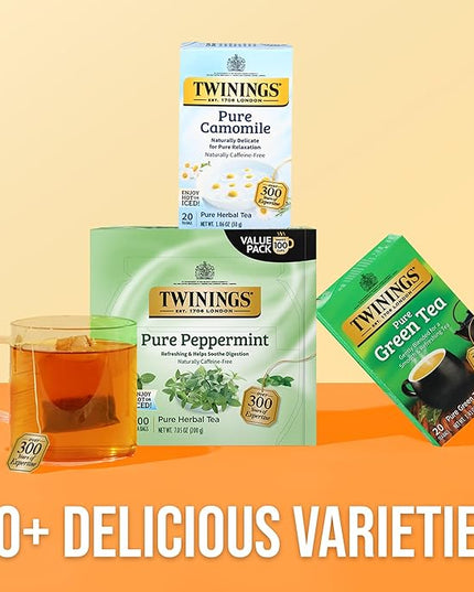 Twinings Pure Peppermint Herbal Tea Individually Wrapped Bags, 100 Count (Pack of 1), Fresh Minty Flavour, Naturally Caffeine-Free, Enjoy Hot or Iced, 100 Teabags
