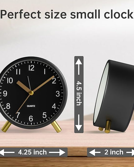 Analog Alarm Clock, 4 inch Super Silent Non Ticking Small Clock with Night Light, Battery Operated, Simple Design, easy setting for Office, Bedroom, Bedside, Desk, teens, elders, kids, adult, Black