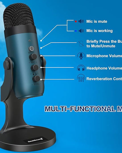 ZealSound USB Condenser Microphone,Computer PC Gaming Mic,Plug&Play Microphones for PS 4&5.Monitor Adjust&Volume Control,Mic Gain Control,Mute Button for TikTok,YouTube Podcast on Mac&Windows(Teal)