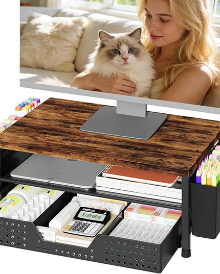 OPNICE Wood Desk Organizers and Accessories, 2-Tier Computer Monitor Stand Riser with Drawer and 2 Pen Holders, Laptop Stand, Office Desk Accessories for Office Supplies, Brown