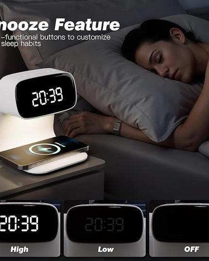 Digital Alarm Clock with Wireless Fast Charging Station 15W Touch Smart Lamp for Bedside,3 Colors Nightlight Adjustment Night Lamp for Living Room,Bedside,Heavy Sleepers (White+Cable&Adapter)