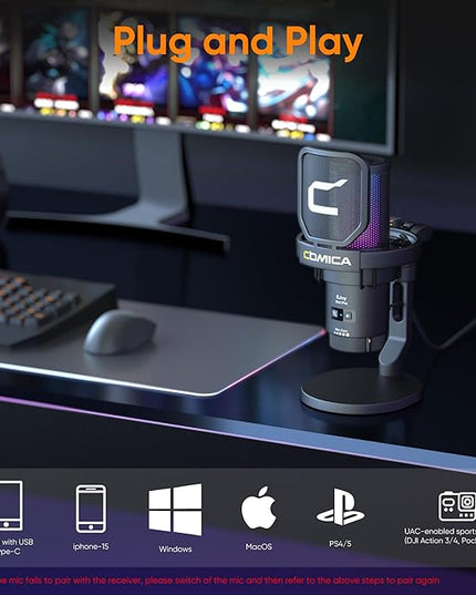 COMICA EJoy Uni Pro Wireless USB Microphone for PC Gaming, Streaming, Podcast, YouTube, with Noise Cancellation, Mute, Gain, Monitoring - Condenser Mic for PS5, PS4, Mac, Computer (Desktop Mic)