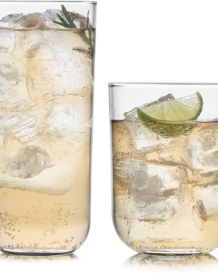 Libbey Polaris Tumbler and Rocks, Axis Glass Cups Set of 16, Elegant Mixed Drinking Glasses with Modern Clean Lines, Dishwasher Safe Glassware Set