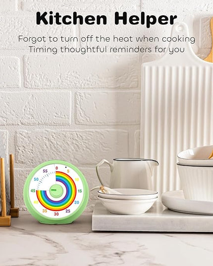 Visual Timer for Kids, 60-Minute Countdown Timer for Classroom Office Kitchen, Desk Timer Kids Time Management Tools with Silent Operation, Pomodoro Time Rainbow Pattern (Green)
