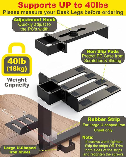 Under Desk PC Mount - No Drilling 40 lb Capacity, Computer Holder Under Table, Adjustable Height and Width, Clamp-on Leg PC Mount for Standing Desks (Fits 65mm×45mm Legs), with Non-Slip Pads, White