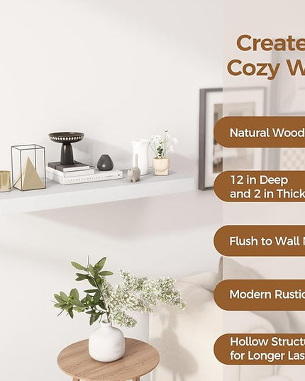 Fun Memories 30 Inch Floating Shelves White, 12 Inch Deep Floating Shelf for Books, 30 x 12 x 2 Deep & Thicked Wall Shelves for Bathroom, Living Room, Kitchen, Set of 1