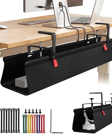 No Drill Under Desk Cable Management Tray, 28" Cord Organizer with Clamp, Fabric Cable Management for Standing Desks, Ideal for Home & Office - Black