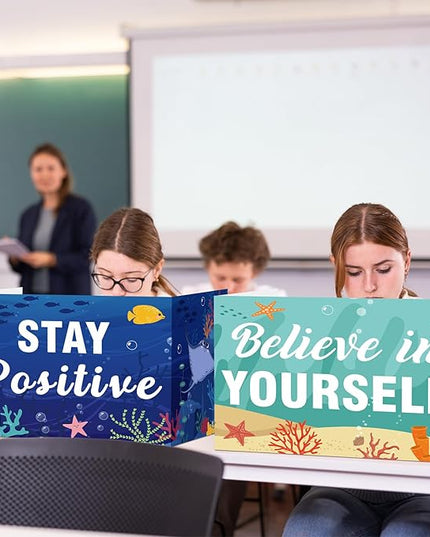 Honoson 24 Pcs Bulk Inspirational Privacy Folders for Students Cardboard Test Privacy Boards Motivational Words Desk Dividers Shield for Classroom School Study Supplies, 6 Styles (Ocean Animal)