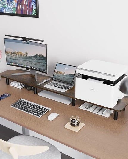 Dual Monitor Stand - 43.7 inch Extra Long Wide TV Stand - Wood & Steel Leg Desktop Riser - Desk Organization - Home Office (Vintage)