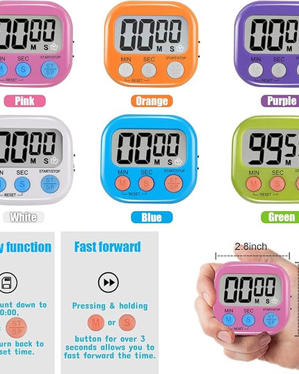 6 Pack Multi-Function Electronic Timer - Magnetic Digital Timers Big LCD Display The Loud/Silent Switch Countdown Timer Extensively Use in Break Time, Cooking,Gym, Meeting, Classroom