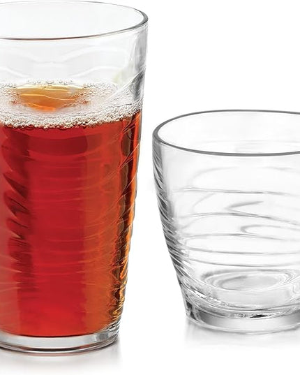 Libbey Orbita Rocks and Tumbler Drinking Glasses Set of 16, Durable Glass Cups Set with Wave Pattern, Glassware Drinking Glasses for Any Occasion
