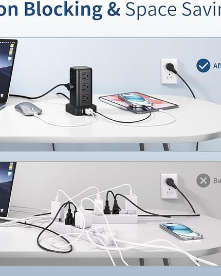 Surge Protector Power Strip 6.5 FT Cord, Power Strip Tower with 4 USB Ports (1USB C), Extension Cord with 12 AC Multiple Outlets, Home Office Supplies Desk Accessories, Dorm Room Essentials