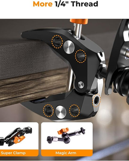 K&F CONCEPT Camera Clamp Mount, Super Clamp Mount Magic Arm with Two 360° Ball Heads, ARRI 1/4" Screw Threads for DSLRs, Action Camera, Tripod, Phone Compatible with Gopro/DJI/Insta360