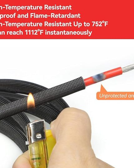 Braided Fiberglass Sleeve, 10ft High Temp Cable Sleeve, Flexible Cable Management Cable Protector for Car Wire Loom Protection (Black, 1/2")