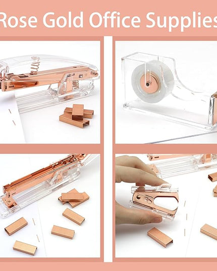 Rose Gold Office Supplies,UPIHO Rose Gold Desk Accessories,Stapler and Tape Dispenser Set with Stapler,Tape Dispenser, Staple Remover, Staples, Clips,Scissor,Pen and Sticky Notes,Gifts for Coworkers