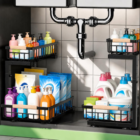 GeeBom Under Sink Organizer 2 Pack, Double Slide Out Metal Shelf, Black