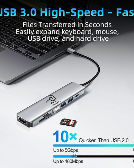 USB C Hub 7-in-1 with 4K HDMI Splitter, 100W PD Charging, USB 3.0/2.0 Ports, SD/TF Card Reader & USB-C Data, Multi-Port Adapter Dongle for MacBook Pro/Air, iPad Pro, Dell XPS, Steam Deck