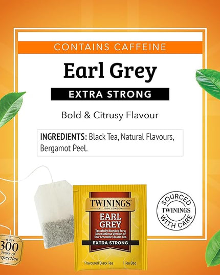 Twinings Earl Grey Extra Strong Black Tea Individually Wrapped Bags, 20 Count (Pack of 1), Flavoured with Citrus and Bergamot, Caffeinated, Enjoy Hot or Iced, 20 Teabags