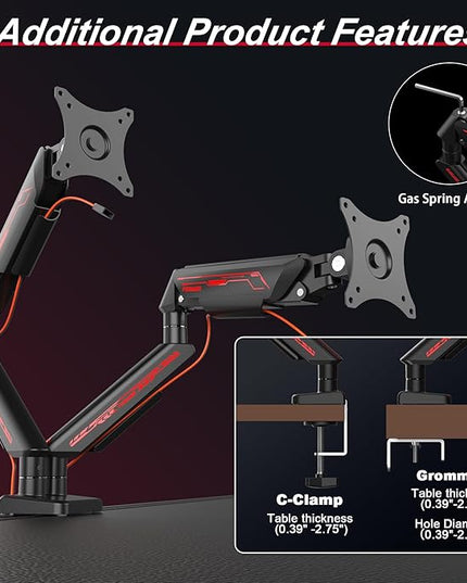 Dual Monitor Arm for 17-35" Screens up to 24.2 lbs, Ergonomic Gas Spring Monitor Stand with Height Adjust, Tilt, Swivel & Cable Management, VESA Desk Mount with 2 Types of Installation, Black