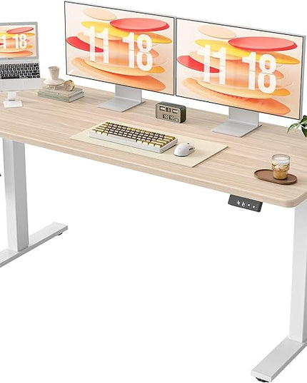 TIQLAB Electric Standing Desk, Adjustable Height Stand up Desk, 63 * 24 Inches Sit Stand Home Office Table with Splice Board, Light Walnut