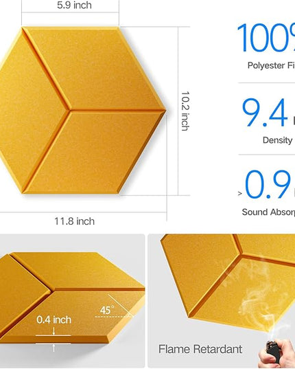 12 Pack Self-Adhesive Acoustic Panels 12" X 10" X 0.4" - Sound Proof Foam Panels with High Density, Y-Lined Design, Flame Resistant, Absorb Noise and Eliminate Echoes(Orange Yellow)