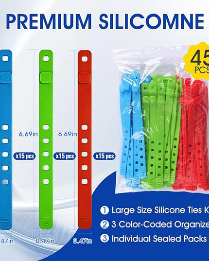 AROIC Reusable Silicone Cable Ties, 45Pcs Adjustable Travel Cord Organizer, Washable Cable Management with Adjustable Locking Buckle, Multicolor Elastic Cord Holder Organization Home Office Essentials