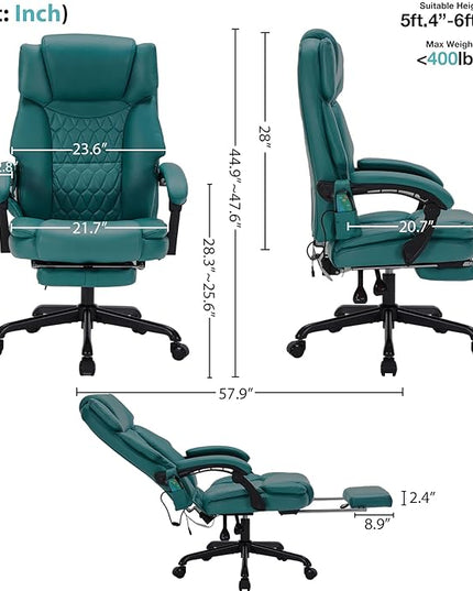 Massage Office Chair with Foot Rest 6 Points Vibration and Heat Home Office Desk Chairs for Heavy People 400lbs Reclining Managerial Chairs Ergonomic Executive Chair (Teal Blue)