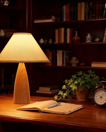 Bedside Table Lamp for Bedroom, Mid-Century Modern Plug in Fabric Shade & Solid Wood Base Desk Lamp, Plug & Play Yellow Wood Nightstand Lamp for Living Room, Office 【Bulb Included】