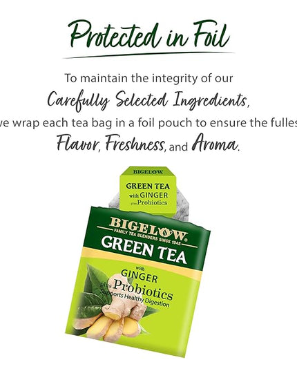 Bigelow Tea Green Tea with Ginger Plus Probiotics, Caffeinated Tea with Ginger, 18 Count Box, (Pack of 6), 108 Total Tea Bags