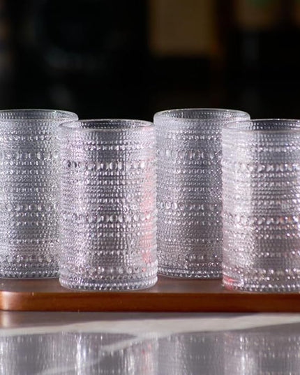 LEMONSODA Hobnail Highball Glasses Set of 4 – Vintage Clear Drinking Glass Cups 15oz – Textured Tall Retro Glassware Tumblers for Water, Iced Coffee, Cocktails, Soda, Juice (Highball 15oz, Set of 4)