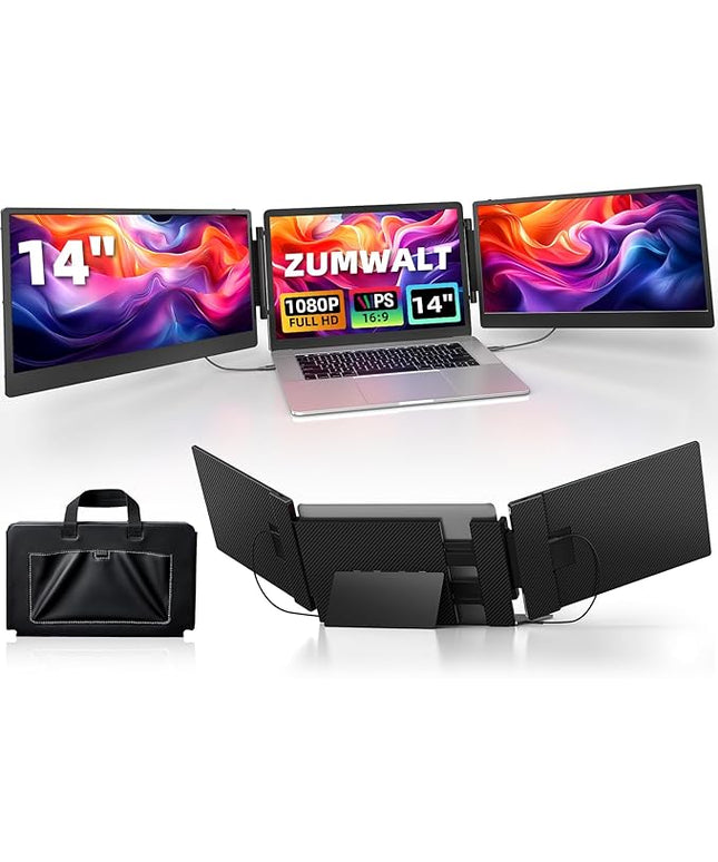 ZUMWALT Laptop Screen Extender, 14" Triple Portable Monitor for Laptop, 1080P FHD Screen Extender Monitors for 13"-16.5", Monitor Extender for MacOS/Windows/Chrome (Built-in Speakers)