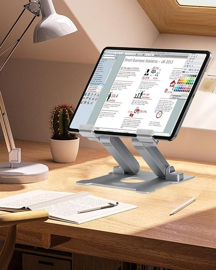 KABCON Quality Tablet Stand,Adjustable Foldable Eye-Level Aluminum Solid Up to 15-in Tablets Holder for Microsoft Surface Series Tablets,iPad Series,Samsung Galaxy Tabs,Amazon Kindle Fire,Etc.Silver