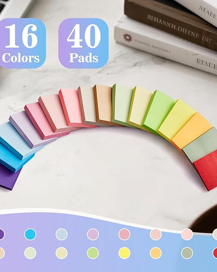 (40 Pads) Sticky Notes 1.5x2 in, 16 Colors Post Self Stick Pad Its, Clean Removal Colorful Mini Pads Bulk for Office, Home, School,Teachers, Meeting, Notebooks