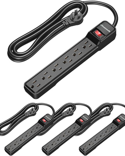DEWENWILS 6 Foot Long Power Strip, 6-Outlet Power Strip 6FT, 15 Amp Circuit Breaker, Low Profile Flat Plug, Surge Protector for Office, Living Room, Bedroom, 4 Pack, Wall Mount, Black
