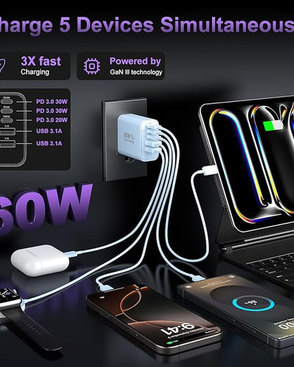 USB C Fast Wall Charger Block, 2Pack 60W USBC Charging Cubes, 5-Port PD+QC Power Adapter Multiport Brick Type C Box Plug for Phone 16/15/14/13/12/11/Pro Max/Plus, Pad Mini/Pro/S25/S24-Blue