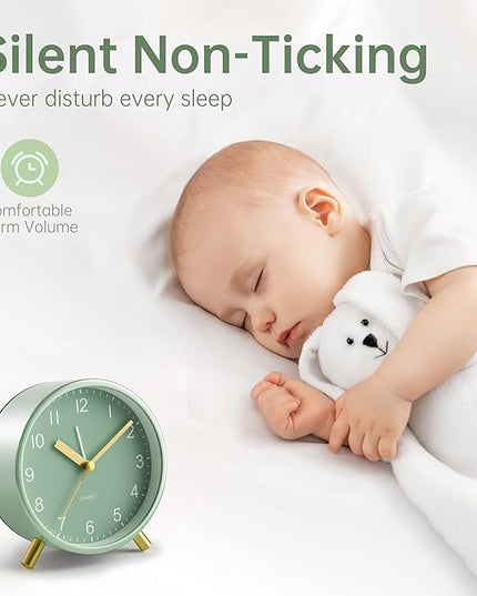 Analog Alarm Clock, 4 inch Super Silent Non Ticking Small Clock with Night Light, Battery Operated, Simple Design, easy setting for Office, Bedroom, Bedside, Desk, teens, elders, kids, adult, Green