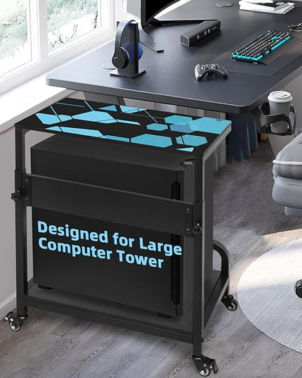 Height Adjustable Computer Tower Stand, Compact Printer Stand, 2 Tier for ATX Case, Extra Large CPU Floor Stand PC Tower Stand CPU Holder Cart with Guard Rail 32.7" X 21.6" X 15.8", Blue