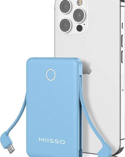 6000mah Ultra Slim Built in Cables Power Bank, Card Size Built in USB C Cords Battery Pack Portable Charger for Phones, 3 Output External Battery Pack Compatible with iPhone, Blue