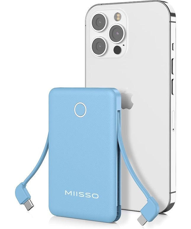 6000mah Ultra Slim Built in Cables Power Bank, Card Size Built in USB C Cords Battery Pack Portable Charger for Phones, 3 Output External Battery Pack Compatible with iPhone, Blue