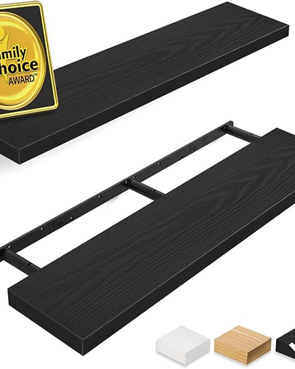 BAYKA Floating Shelves for Wall, 36 inches Long Wall Mounted Rustic Wood Shelves for Bathroom, Bedroom, Living Room, Kitchen, Office, Hanging Shelf for Books/Storage/Decor(Black,Set of 2)