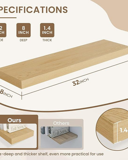 Dreamland 8" Deep Long Floating Shelves, 32 Inches Floating Shelves for Wall Set of 2, Large Display & Storage Shelf, Wall Shelf for Bathroom Bedroom Living Room Kitchen Office, Oak
