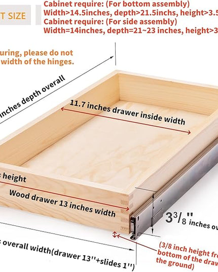 Mulush 13”W x 21”D x 3”H Soft Close Slide Out Wood Drawer Organizer for Kitchen, (Cabinet Opening Width>14.5 inches for Bottom Assembly, Width= 14 inches for Side Assembly)