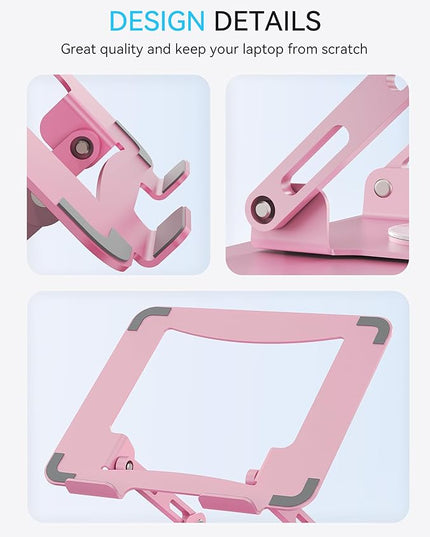 SOUNDANCE Laptop Stand with 360° Rotating Base, Ergonomic Computer Riser for Desk, Adjutable Height Muti-Angle, Foldable Laptop Mount, Stable Metal Holder Support 10-15.6" Notebook PC, Pink