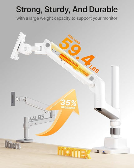 monTEK Heavy-Duty Single Monitor Arm for 17-57 inch, up to 59.4lbs Ultrawide Screens,Gas Spring Dual Curved Adjustable Monitor Stand for Desk,75/100mm VESA Mount with USB，White