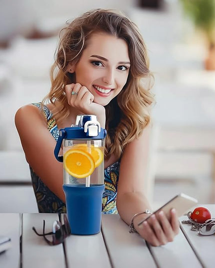 Glass Tumbler with Carry Handle, Clear Glass Water Bottle with Leakproof Lid, Spout Lid&Straw, BPA-Free, 32 oz, DBlue