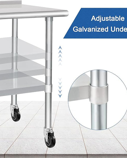 HARDURA Stainless Steel Table 30 x 60 Inches with Wheels Casters NSF Heavy Duty Commercial Prep Table with 2” Backsplash and Adjustable Undershelf for Restaurant Kitchen Home and Hotel