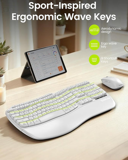 White Ergonomic Wireless Keyboard and Mouse Combo, 2.4G Full Size Ergo Wave Key Board with Cushioned Plam Rest, Natural Typing, 3 DPI Adjustable Silent Mouse for Computer/Laptop/Windows/Mac - Sablute